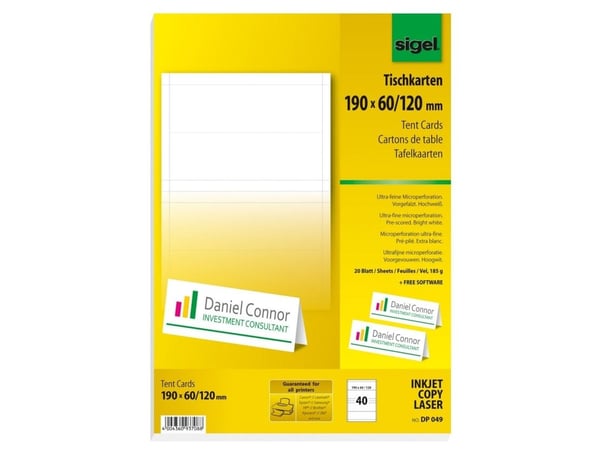 Sigel DP049 - Sterkt hvitt - 190 x 60 mm - 185 g/m² - 40 stk (20 ark x 2) bordkort