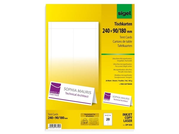 Sigel DP050, Hvit, Ikke-klebende DVD-innleggspapir, A4, Fotoark kartong, Universell, 185 g/m²