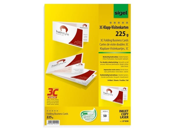 Sigel Käyntikortti 3C LP838 - Valkoinen - 55 x 180 mm - 225 g/m² - 50 korttia (10 arkkia x 5) ( LP838 )