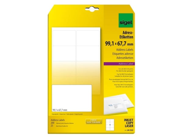 Sigel LA322, Ikke-klebende etikett, Hvit, Universell, Avrundet rektangel, A4, 99.1 x 67.7 mm