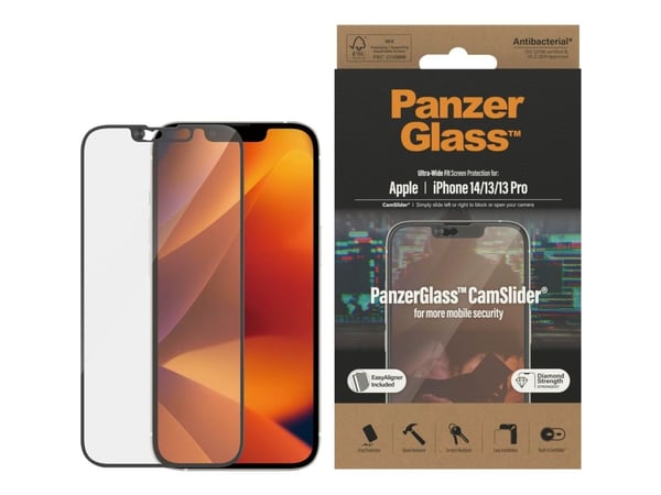 PanzerGlass CamSlider - Skjermbeskyttelse for mobiltelefon - omslagskompatibel - glass - rammefarge svart - for Apple iPhone 13, 13 Pro, 14