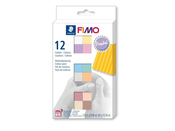 FIMO Soft Basic - Modeling clay set - 12 deler - 300 g - hvit, sitronfarge, bringebær, indianerrød, briljant blå, peppermynte, mandarin, tropisk gr...
