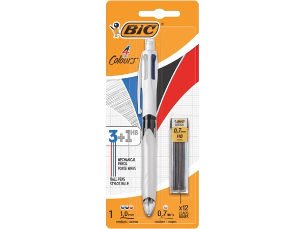 BIC 4 Colours 3+1HB - Kombo med 3-farget kulepenn og blyantpenn - HB - svart, rød, blå, grå - medium - retraktil - med viskelær