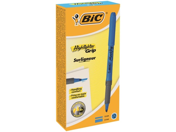 Overstregningspen BIC Highlighter Grip blå med skrå spids - (12 stk.)