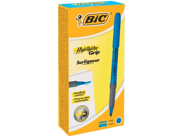 Overstregningspen BIC Highlighter Grip blå med skrå spids - (12 stk.)