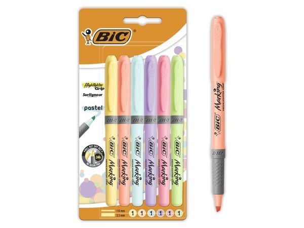 Overstregningspenne BIC Highlighter Grip Pastel med 6 stk. ass. pastelfarver