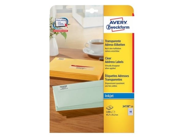 Avery J4720-25, Läpinäkyvä, Pyöristetty suorakulmio, Kiinteä, 45,7 x 21,2, A4, Polyesteri