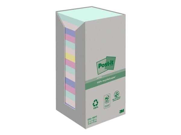Post-it-lapper til resirkulering, assorterte farger, 76x76 mm, pakke med 16.