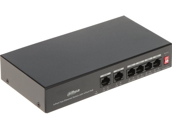 Dahua PFS3006-4ET-36 - Switch - ikke-styrt - 4 x 10/100Base-TX (PoE) + 2 x 10/100Base-TX (uplink) - stasjonær - PoE+ (36 W)