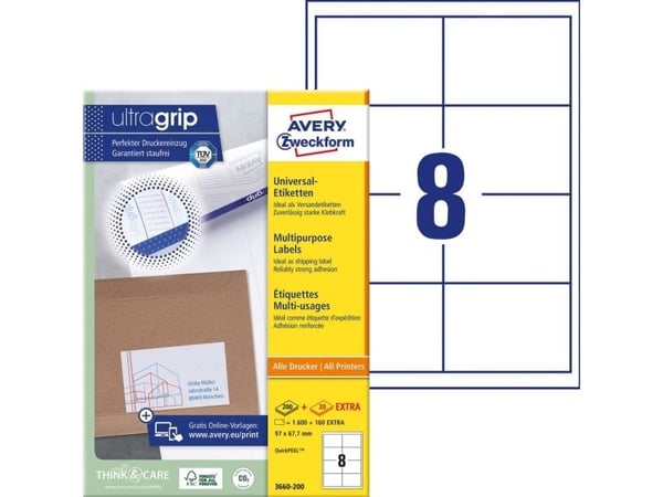 Avery-Zweckform 3660-200 Universelle etiketter 97 x 67.7 mm Papir Hvid 1760 stk Permanent vedhæftningsevne Farvelaserprinter