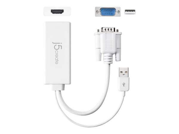 j5create JDA214 - Adapterkabel - HDMI hunn til USB, HD-15 (VGA) hann - 17.6 cm - hvit - 1920 x 1200 støtte
