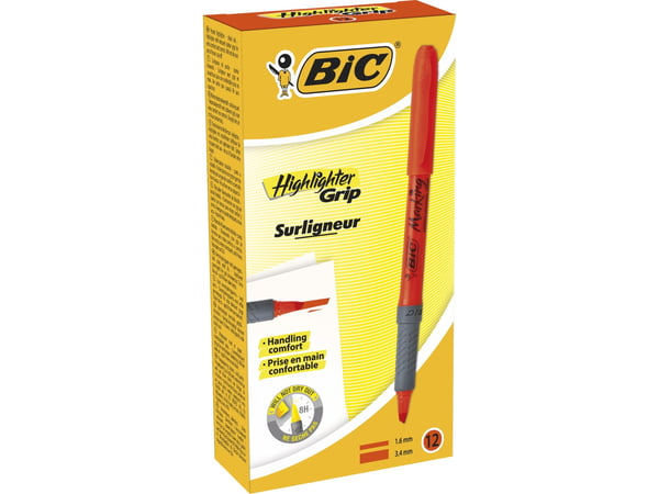 BIC brite liner Grip - Markeringspenn - fluorescerende oransje - vannbasert blekk - 1.6-3.4 mm - fin og bred (en pakke 12)