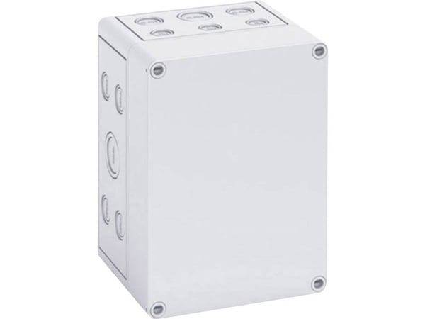 Asennusrasia TK PS, polystyreeni, KxSxK 180 x 130 x 111 mm, RAL7035, harmaa kansi, korkea pohja, IP66, tyhjä, halogeenivapaa, tyhjällä koputusaukolla.