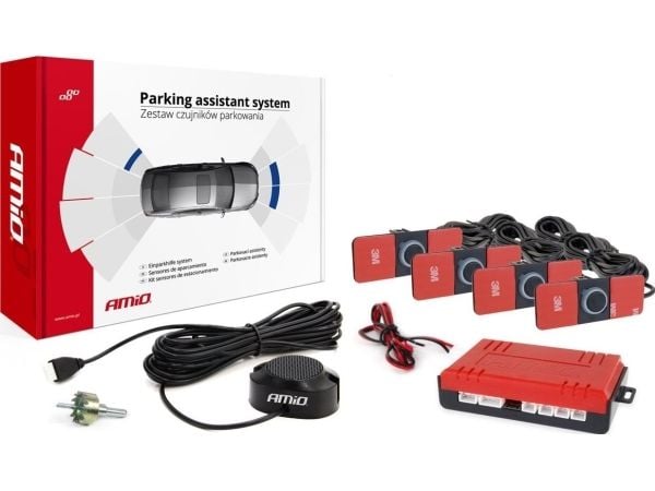 AMiO sett med parkeringssensorer bak med biper, 4 sensorer svarte innvendige 16,5 mm
