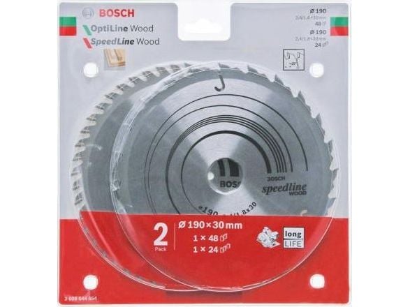 BOSCH sirkelsagblad (dobbeltpakke) 190x30x48z OPTI.WOOD x2,6/1,6 + SPEED.WOOD 190x30x24z x2,4/1,8…W