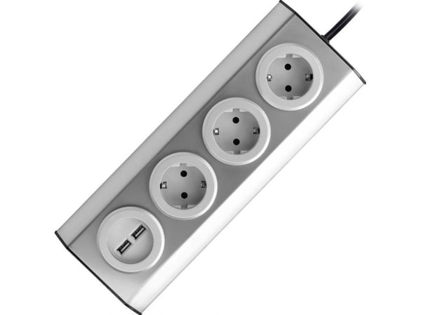 Orno Kalusteet, keittiön pistorasia USB-laturilla, tarranauhalla kiinnitetty 1,5m kaapelilla - 3x2P+Z schuko, 2xUSB, INOX 1,5m kaapelilla.