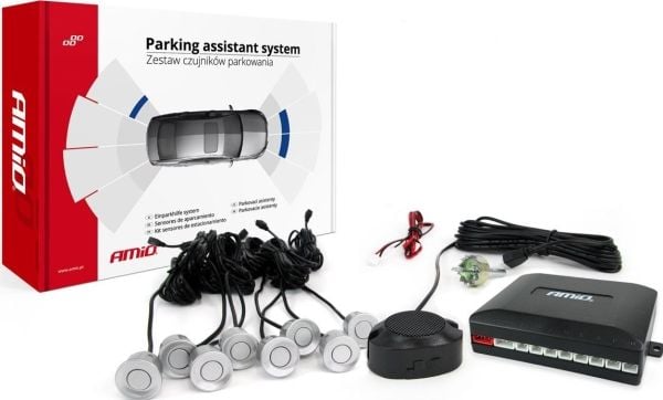 AMiO sett med parkeringssensorer ryggelyd/buzzer, 8 sensorer sølv