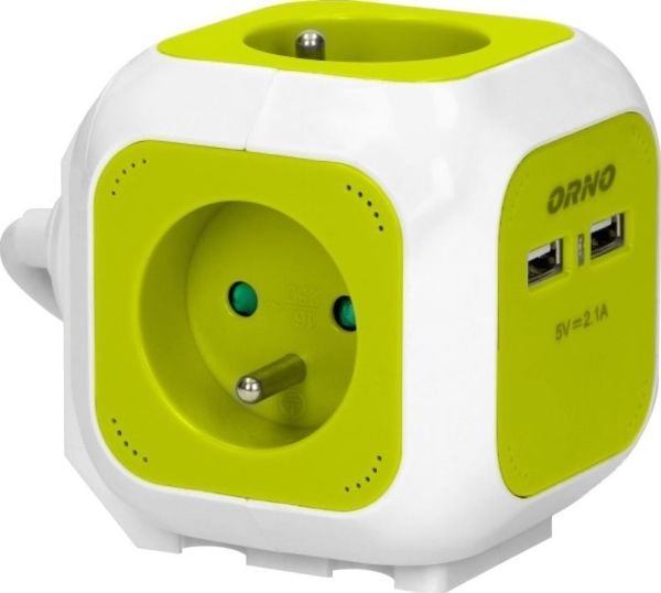 Orno förlängningskabel, grenuttag 4-faldigt med laddare 2xUSB, 1,4 m, limegrön