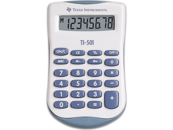 Texas Instruments TI-501, Lomme, Grunnleggende, 8 sifre, Batteri, Blå, Hvit