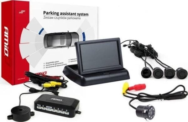 Amio Parkeringssensorsett tft02 4,3 tommer med kamera hd-307 og 4 sorte sensorer