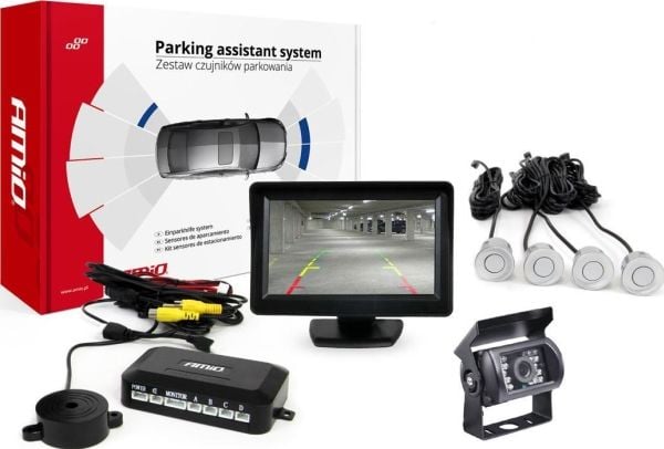 Amio parkeringshjelpesystem TFT01 4,3" med HD-501-IR-kamera, 4 sølvfargede sensorer
