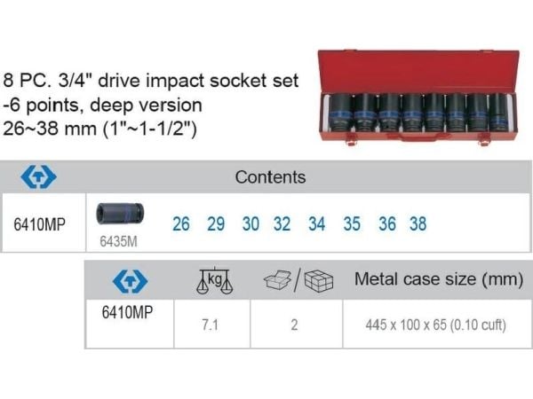 KING TONY  hylssats slagtoppar 3/4" 8 st, långa 6K.26-38 mm
