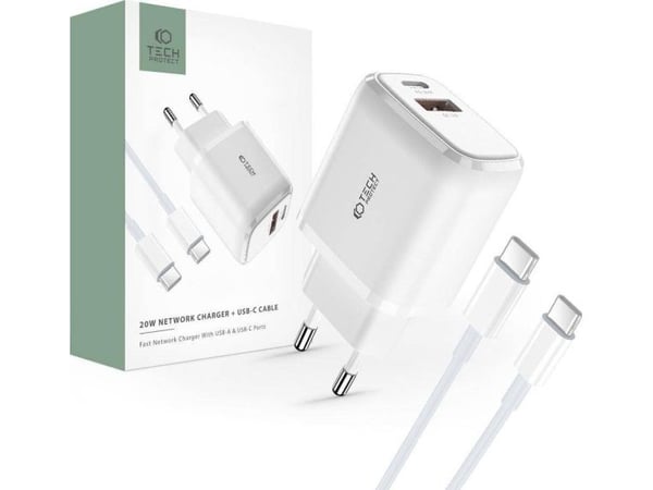 Tech-protect Charger C20W 2-porttinen verkkolaturi PD 20W QC 3.0 + USB-C-kaapeli Valkoinen