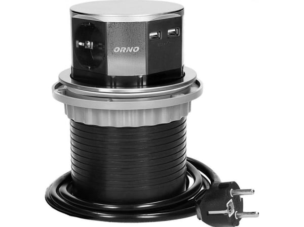 Orno Lizdas Baldinis uttak Ø10 cm, uttrekkbart fra benkeplate, med USB-lader og 1,5 m kabel, 3x2P+Z, 2xUSB, INOX, schuko