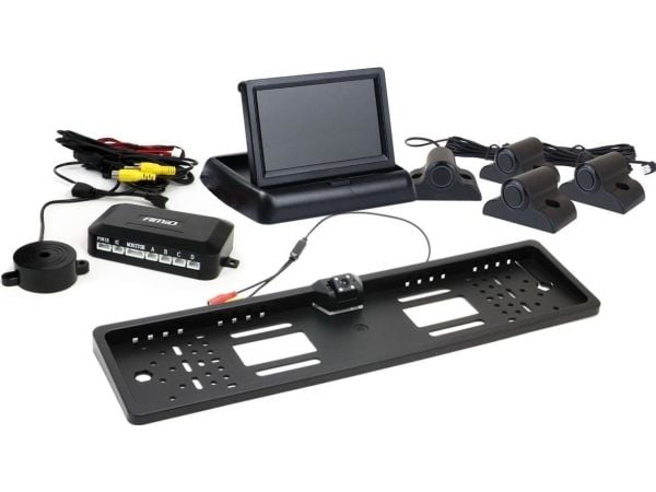 Parkeringshjelpesystem TFT02 4,3" med HD-402-LED-kamera, 4 svarte sensorer til lastebiler