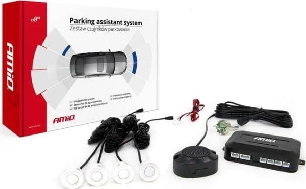 AMiO sett med parkeringssensorer for rygg Buzzer, 4 sensorer, hvite