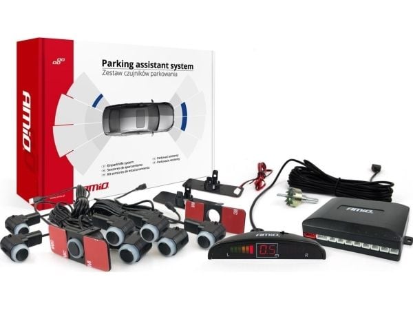 AMiO sett med parkeringssensorer for rygging med LED, 8 sensorer, svarte, innfelt 16,5 mm