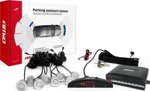 AMiO sett med parkeringssensorer bak, LED, 8 sensorer, sølv AMiO sett med parkeringssensorer bak, LED, 8 sensorer, sølv