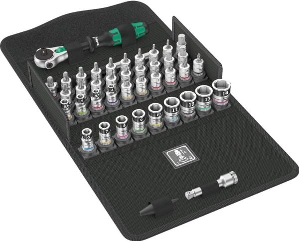 Wera 8100 SA All-in, Pipenøkkelsett, 42 stykker, Sort, Kromfarget, Grønn, Skrallehåndtak, 1 stykker, 1/4"