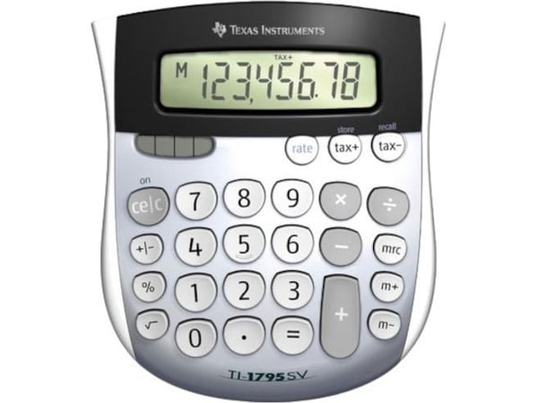 Texas Instruments TI-1795 SV 8-sifret kalkulator - solcellepanel, batteri, bordmodell