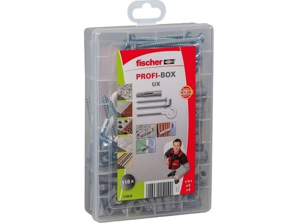 Fischer 518526, Skrue- og veggpluggsett, Lettbetong, Murstein, Betong, Gipsblokk, Gipsfiberplate, Gipsplater, Nylon, 77 stykker, Boks, 50 Universal...