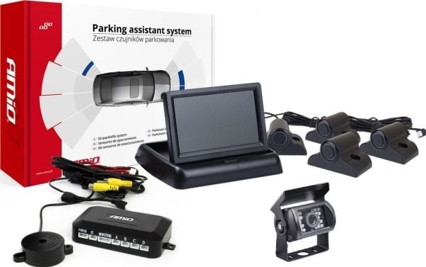 Parkeringshjelpesystem TFT02 4,3" med HD-501-IR-kamera, 4 svarte sensorer, for lastebiler