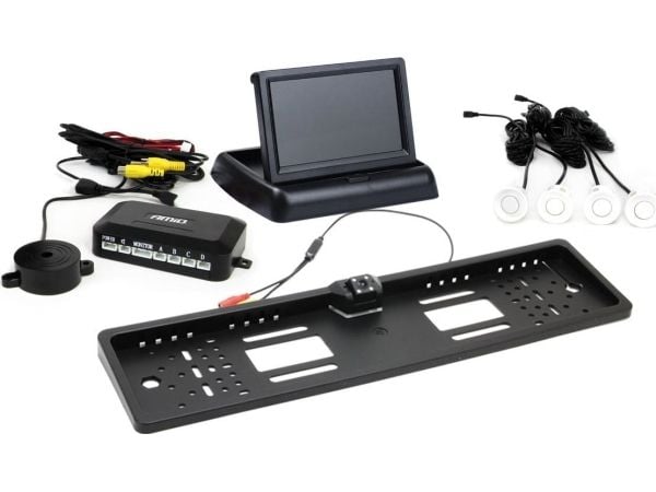 Amio parkeringshjelpesystem TFT02 4,3" med HD-402-LED-kamera, 4 hvite sensorer