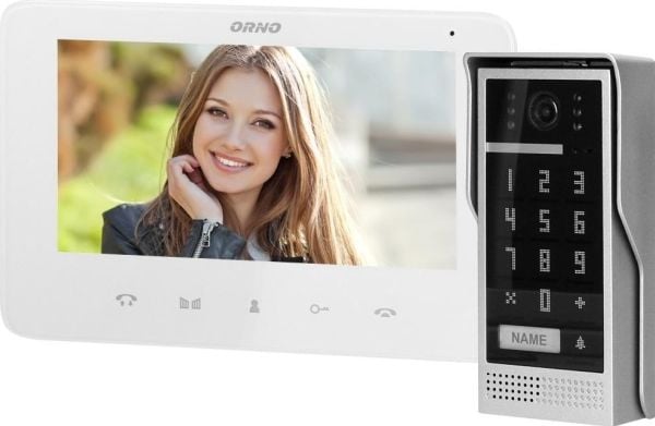 Orno videosett uten håndsett, farge, LCD 7", intercom, med kode, utvendig/utenpåliggende, hvit, SCUTI