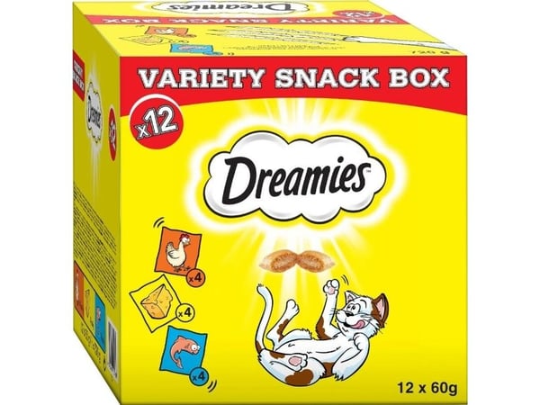 Dreamies DREAMIES Variety Snack Box komplementfôr for katter (med kylling, ost og laks smak) - 720g