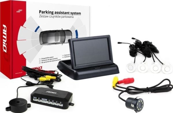 Amio parkeringshjelpesystem TFT02 4,3" med HD-308-LED-kamera, 4 hvite sensorer
