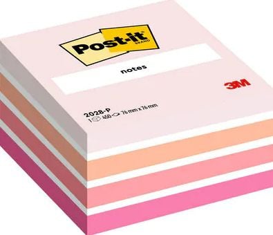 Post-It 2028-P, Neliö, Oranssi, Vaaleanpunainen, Valkoinen, Paperi, 76 mm, 76 mm, 450 arkkia