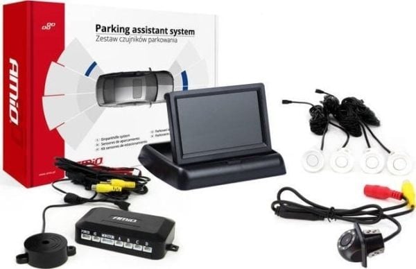 AMiO parkeringssensor-sett TFT02 4,3" med HD-kamera, 305-led, 4 sensorer, hvit