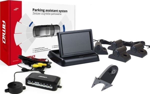 Parkeringshjelpesystem FT02 4,3" med HD-502-IR-kamera, 4 svarte sensorer, til lastebiler
