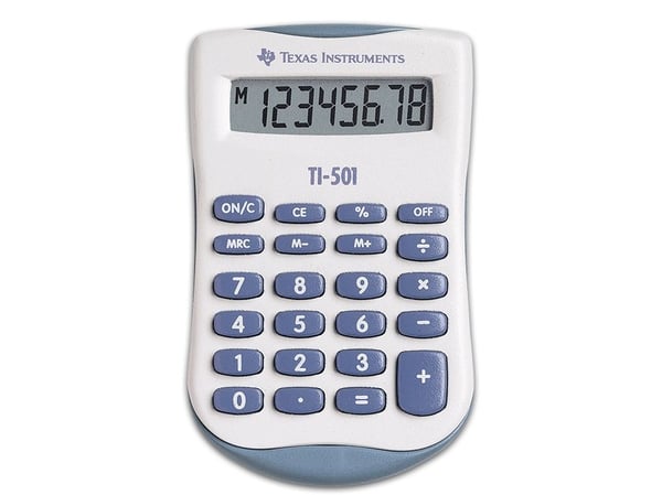 Texas Instruments TI-501, Lomme, Grunnleggende, 8 sifre, Batteri, Blå, Hvit