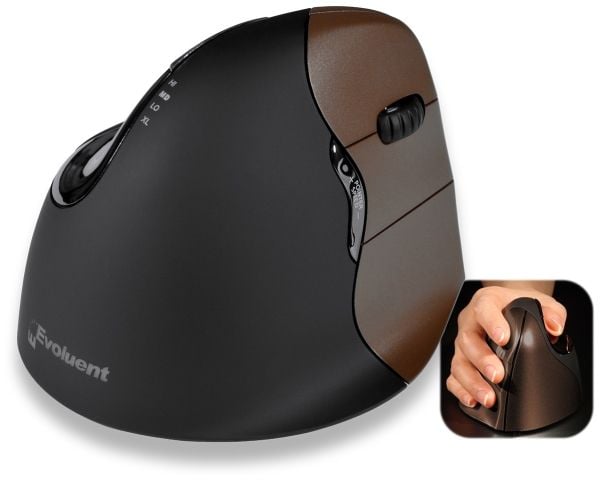 Evoluent VerticalMouse 4 Small Wireless, högerhand, Vertikal design, Optisk, RF Trådlös, Svart, Brun