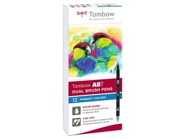 Tombow ABT-12P-1, 12 farger, Flerfarget, Kulespiss og penselpenn, 0,7 mm, 1 cm, Sort