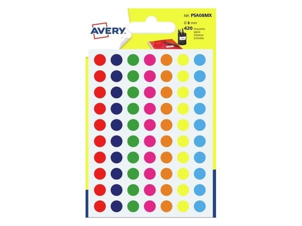 Etiketter Avery PSA08mx Ø8mm ass. farver (pakke á 420 stk.)