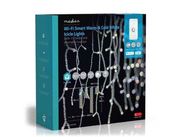 Nedis WIFILXC04W250, Kjede, Hvit, IP65, Sort, 240 ampuller, LED
