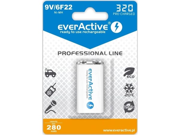 Everactive EVHRL22-320, Oppladbart batteri, 9V, Nikkelmetallhydrid (NiMH), 9 V, 1 stykker, 320 mAh