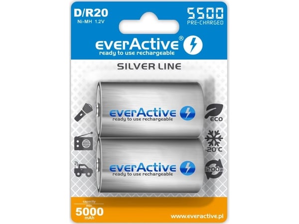 Everactive EVHRL20-5500, Oppladbart batteri, D, Nikkelmetallhydrid (NiMH), 1,2 V, 2 stykker, 5500 mAh